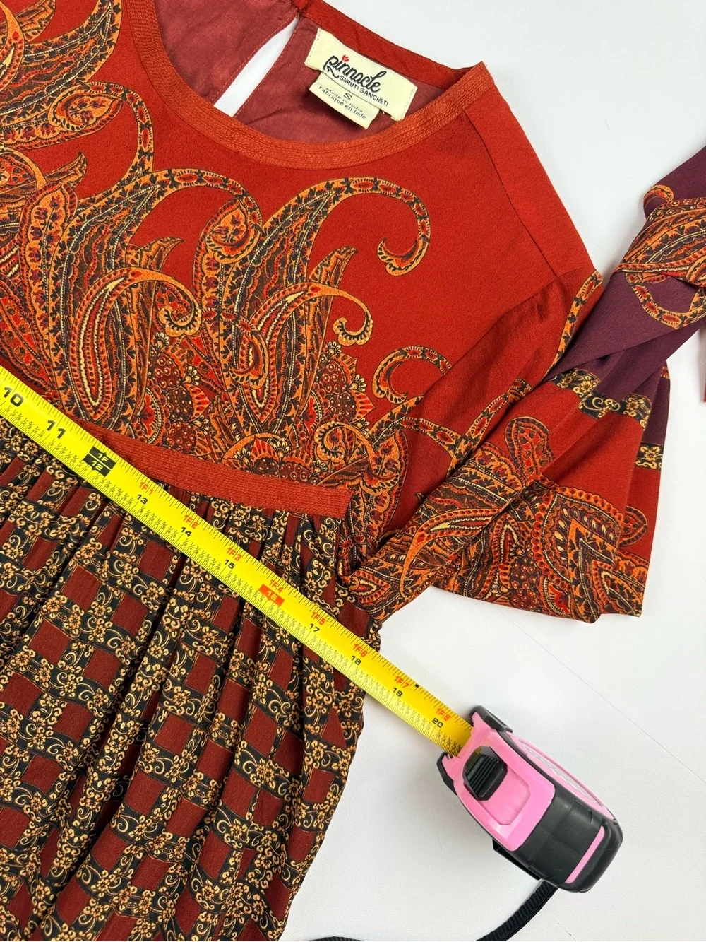 Pinnece Shruti Sancheti Boho Paisley Mixed Print Dress Rust Brown Size Small